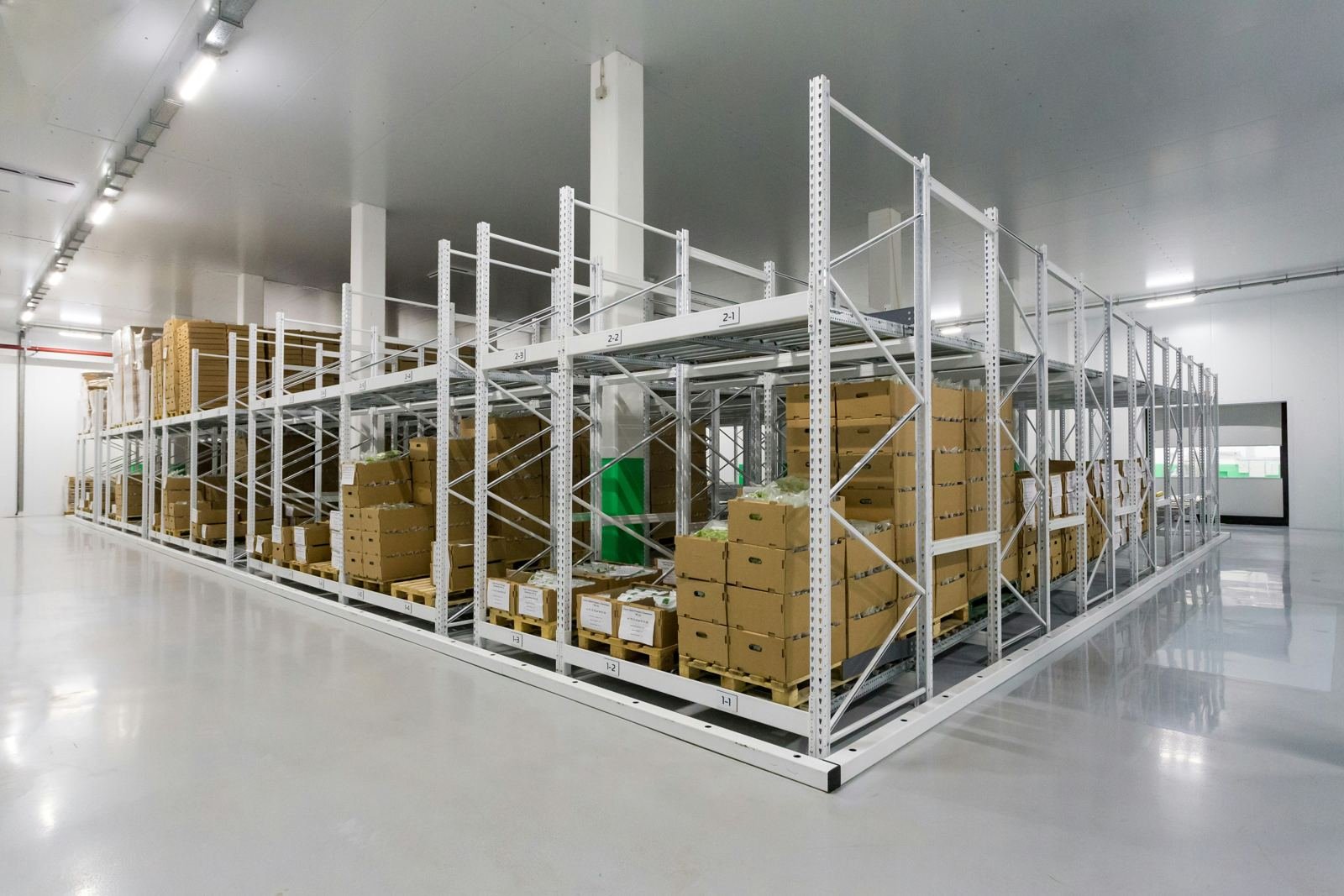 Clean white racking with cartons in a temperature-controlled storage hall